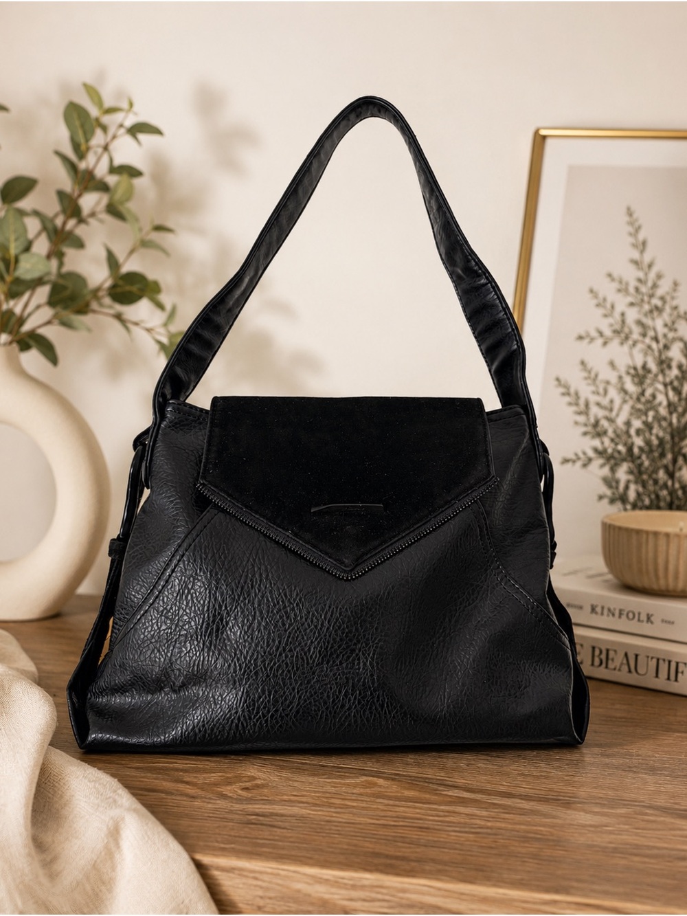 Matt & Nat Black Vegan Leather & Suede Shoulder Bag | Minimalist Everyday Purse
